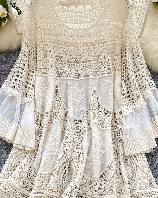 Women's Bohemian Vintage Lace- Dress - Long Sleeve A-Line Midi Dress with Crochet Cut-Out Details, Semi-Sheer Round Neck Boho Dress for Casual & Formal Occasions, Cute Dresses, Special Occasion Wear, Intricate Crochet Design - SeviSa