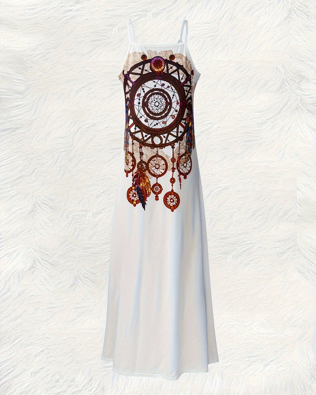 Vacation Style] Women'S Bohemian Geometric Print Sleeveless Maxi Dress - V-Neck, Lightweight Polyester, Perfect for Summer Vacations, Casual Beachwear, Vacation Dress|Bohemian Style|Lightweight Dress - SeviSa