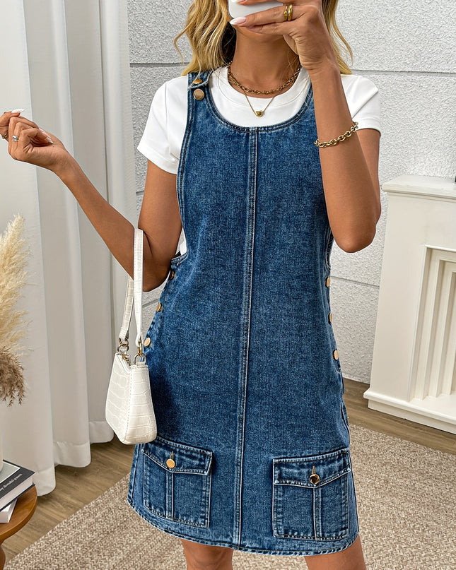 Morin Women's Elegant Denim Overalls Dress - Sleeveless A-Line Mini Skirt with Front Pockets, Button Closure, and Adjustable Straps, Light Blue Cotton for Spring/Summer/Fall - SeviSa