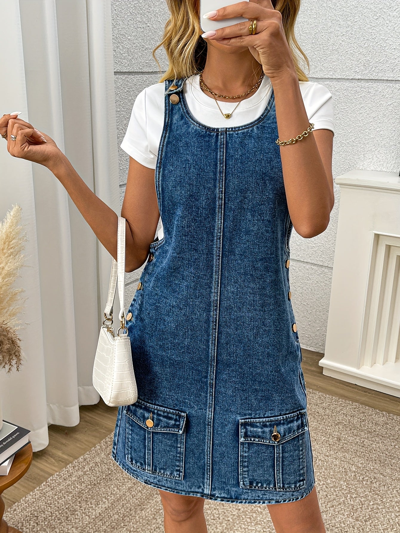 Morin Women's Elegant Denim Overalls Dress - Sleeveless A-Line Mini Skirt with Front Pockets, Button Closure, and Adjustable Straps, Light Blue Cotton for Spring/Summer/Fall - SeviSa