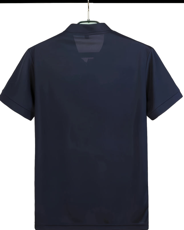 Men's Summer Short Sleeve T-Shirt - Lightweight Breathable Stand Collar Shirt with Button Detail, Solid Color Casual Sports Top for Business Casual & Outdoor Activities, Leisure Outing Apparel, Comfortable Fit Tee - SeviSa