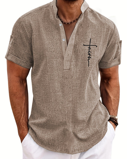 Men's Letter Print "FAITH" Short Sleeve Stand Collar Henley Shirt, Casual And Chic Tops For Summer Business And Outdoors Leisurewear - SeviSa
