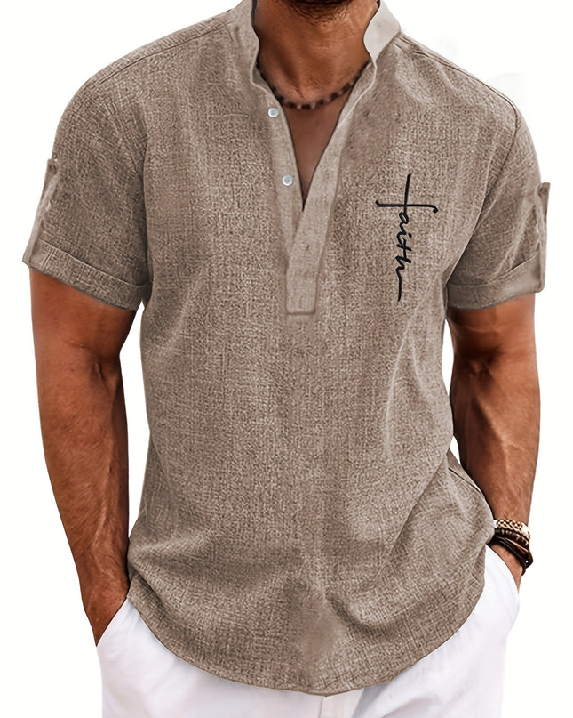 Men's Letter Print "FAITH" Short Sleeve Stand Collar Henley Shirt, Casual And Chic Tops For Summer Business And Outdoors Leisurewear - SeviSa