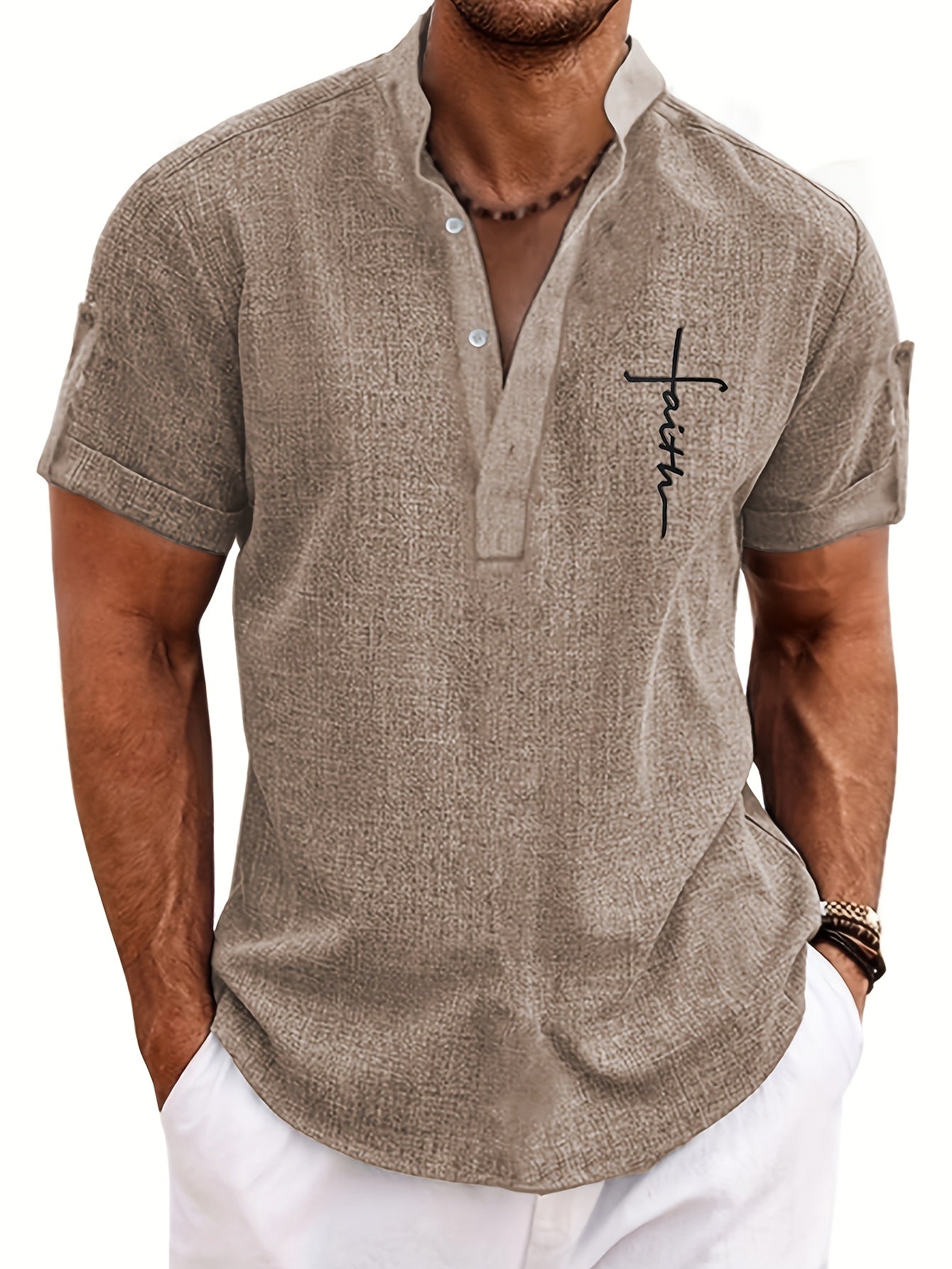 Men's Letter Print "FAITH" Short Sleeve Stand Collar Henley Shirt, Casual And Chic Tops For Summer Business And Outdoors Leisurewear - SeviSa