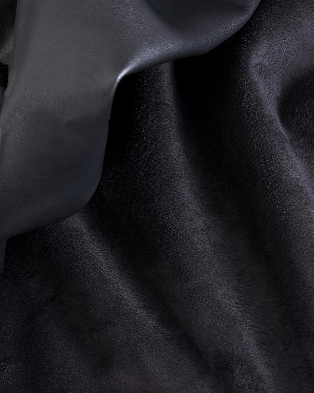A Two-Piece Set Made of Solid Color Synthetic Faux Leather, Featuring an Off-Shoulder Cropped Hoodie And Drawstring Long Pants, Designed for Women.