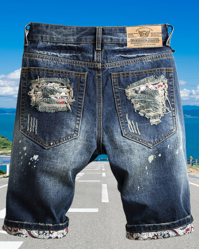 Men'S Plus Size Slim Fit Denim Shorts - Casual Ripped Jeans Style, Stretch Fabric, Solid Color, Mid-Rise, Ankle-Length with Button Closure, Summer Essential, Relaxed Fit Shorts | Distressed Denim Shorts | Comfortable Denim Sh - SeviSa
