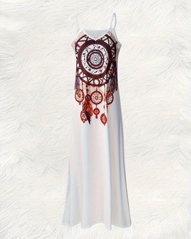 Vacation Style] Women'S Bohemian Geometric Print Sleeveless Maxi Dress - V-Neck, Lightweight Polyester, Perfect for Summer Vacations, Casual Beachwear, Vacation Dress|Bohemian Style|Lightweight Dress - SeviSa