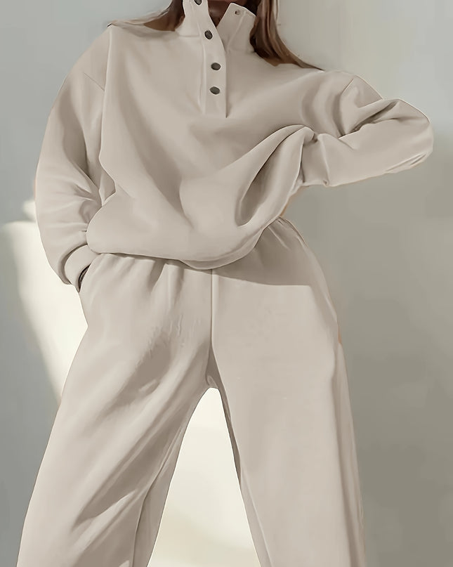 BK0710081 Women'S Casual Fashion Half Open Button Hoodie Sweater Two-Piece Set. Autumn and Winter Warmth, Leisure