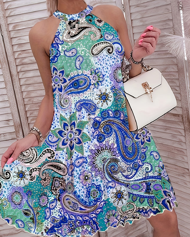 2024 European And American Summer New Geometric Pattern Printed Sleeveless Pleated Off-Shoulder Vacation Style Dress - SeviSa
