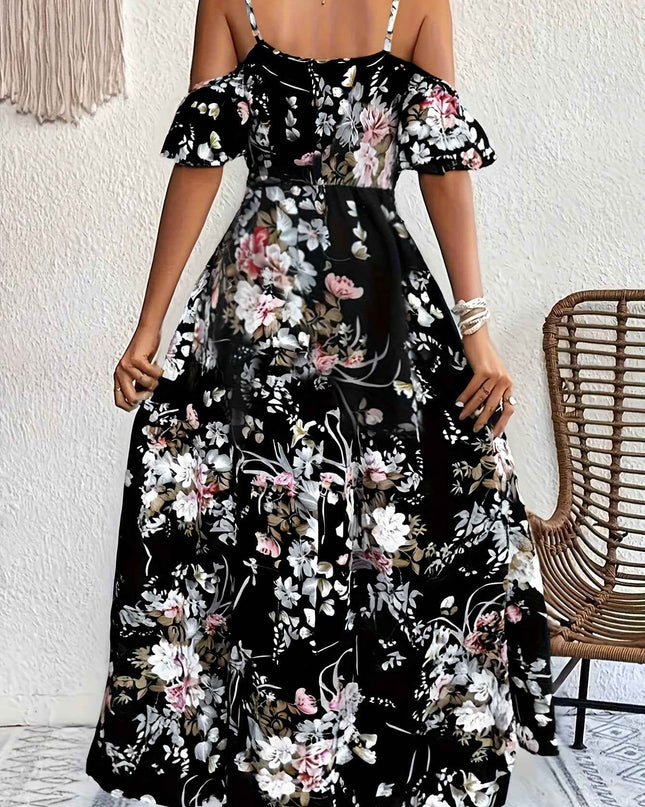 Elegant Floral Print V-Neck Maxi Dress with Tie-Waist and Ruffle Detail - Sleeveless, Flowy A-Line Skirt for Women, Perfect for Summer, Elegant Event Wear|Floral Print Dress|Polyester Fabric