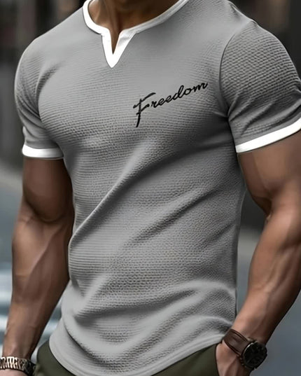 Men's Alphabet Print "FREEDOM" Waffle Knit T-shirt, V-neck And Short Sleeve Tee, Tops Perfect For Summer Fitness And Outdoors Activities - SeviSa