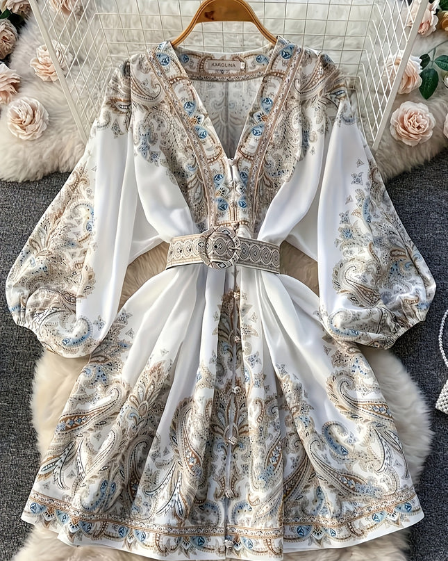 Elegant Floral Print V-Neck Midi Dress with Belt - Long Sleeve, A-Line Silhouette, Spring/Summer Fashion for Women, White with Blue and Beige Floral Patterns, Elegant Attire | Belted Dress | Lantern Sleeves, Floral Print Dres - SeviSa