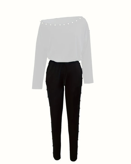 Women'S Stylish Off-Shoulder White Top & Black Pants Two-Piece Set - Casual Long Sleeve, Scoop Neck, Polyester Blend, Pockets, Drawstring Waist, Spring/Summer Casual Wear, Casual Attire|Scoop Neck Top|Polyester Blend