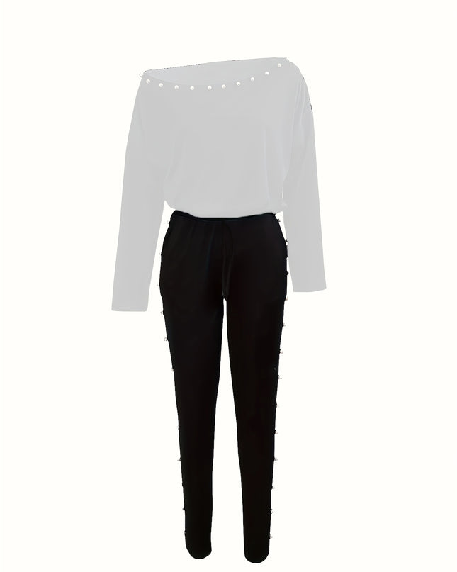 Women'S Stylish Off-Shoulder White Top & Black Pants Two-Piece Set - Casual Long Sleeve, Scoop Neck, Polyester Blend, Pockets, Drawstring Waist, Spring/Summer Casual Wear, Casual Attire|Scoop Neck Top|Polyester Blend