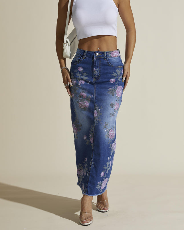 Floral Print Elegant Vintage Style Split Hem Whiskering Maxi Denim Skirt, Women's Denim Jeans & Clothing - SeviSa
