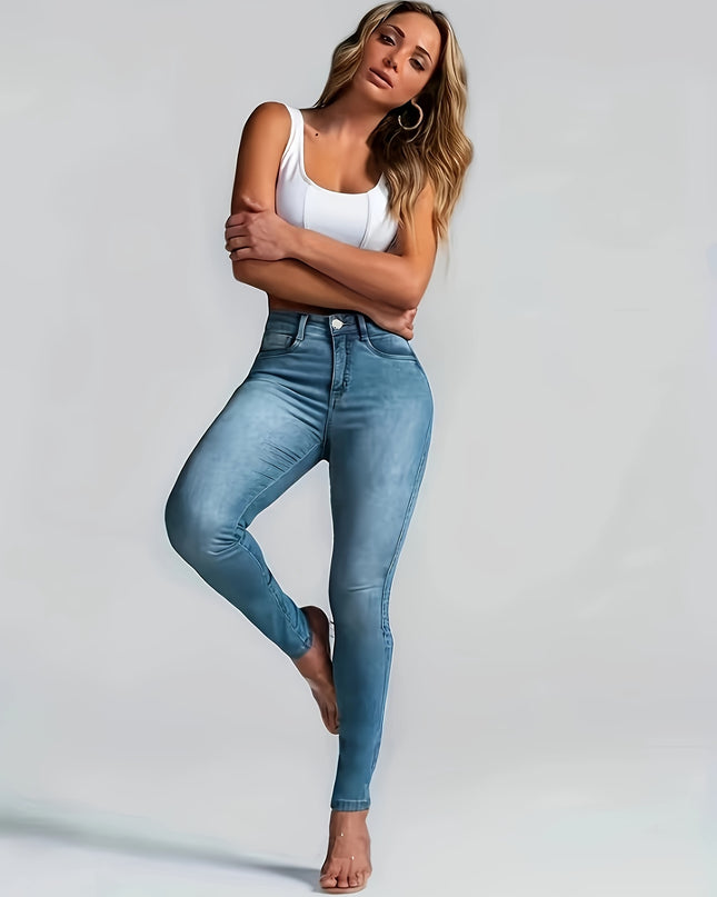 Women's Sexy High-Waisted Skinny Jeans, Stretch Denim, Plain Casual Fashion Pants, Light Blue For Fall - SeviSa