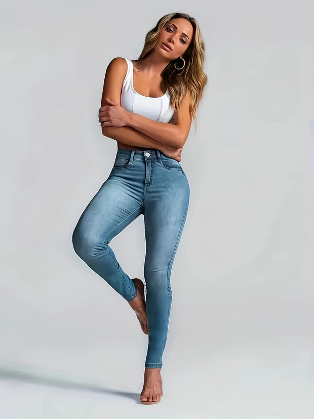 Women's Sexy High-Waisted Skinny Jeans, Stretch Denim, Plain Casual Fashion Pants, Light Blue For Fall - SeviSa