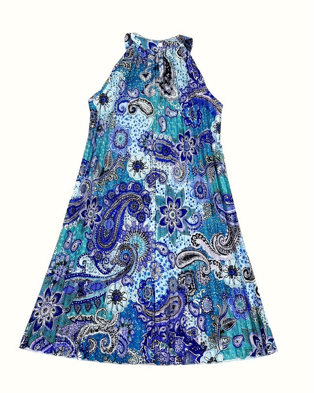 2024 European And American Summer New Geometric Pattern Printed Sleeveless Pleated Off-Shoulder Vacation Style Dress - SeviSa