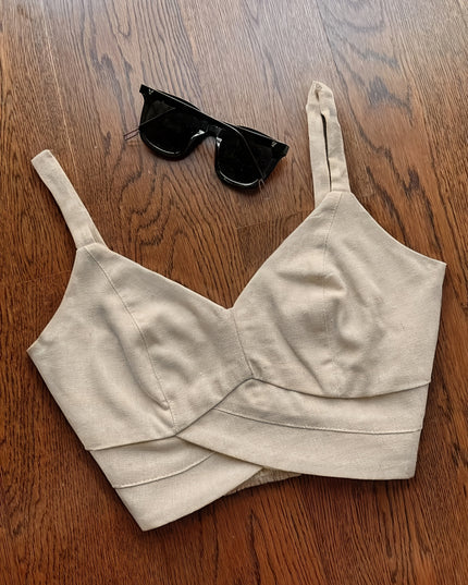 Elegant Beige Sleeveless Top & Button- Pants Set - Chic V-Neck, Long Sleeveless Shirt with Ruffled Detail, High-Waisted Wide-Leg Pants, Perfect for Casual or Office Wear, Casual Attire|Ruffled Detail Top|Button Detail Pants