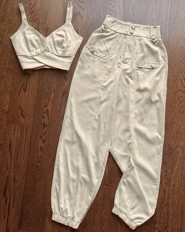 Elegant Beige Sleeveless Top & Button- Pants Set - Chic V-Neck, Long Sleeveless Shirt with Ruffled Detail, High-Waisted Wide-Leg Pants, Perfect for Casual or Office Wear, Casual Attire|Ruffled Detail Top|Button Detail Pants