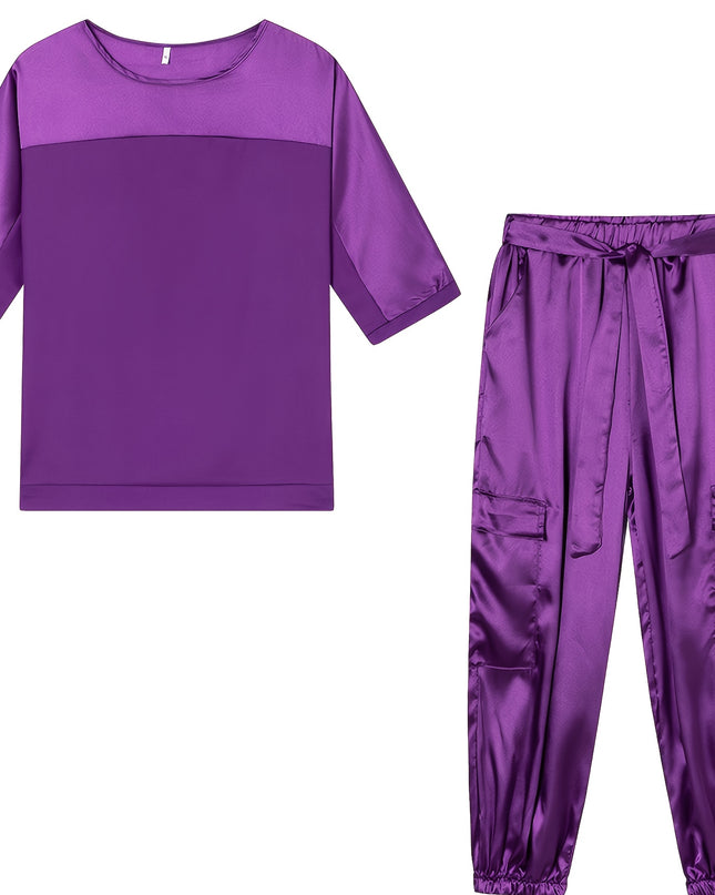 2025 New European and American Cross-Border Fashion Women'S Smooth Satin Half-Sleeve Top and Pants Set, Casual Two-Piece Outfit