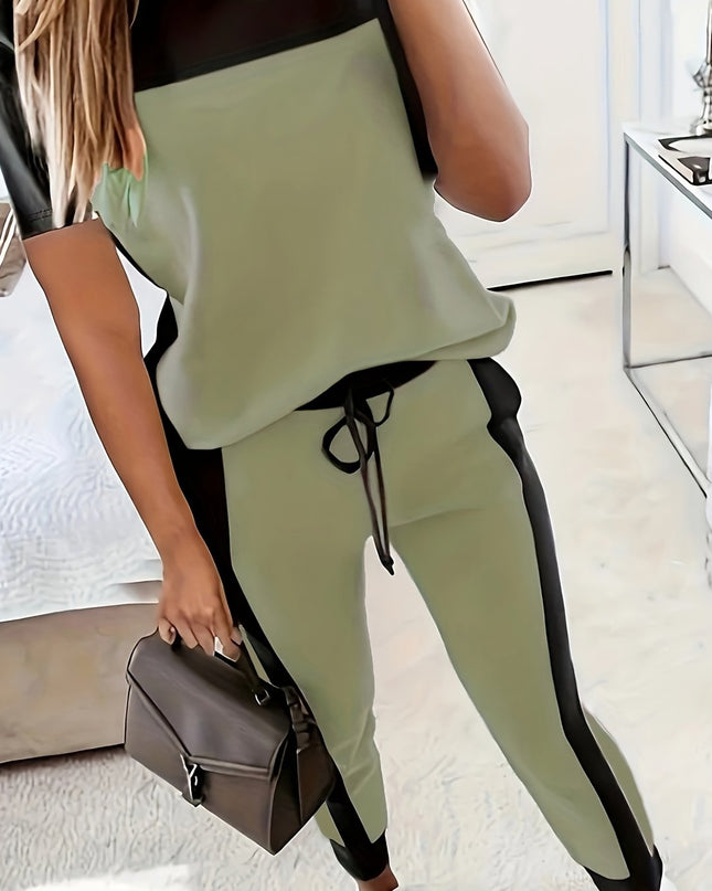 Casual Color Block Short Sleeve Round Neck T-Shirt and Long Pants Two-Piece Set