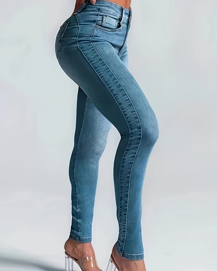 Women's Sexy High-Waisted Skinny Jeans, Stretch Denim, Plain Casual Fashion Pants, Light Blue For Fall - SeviSa