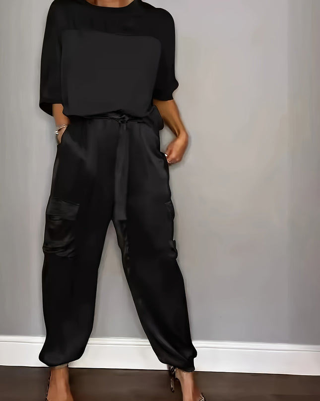2025 New European and American Cross-Border Fashion Women'S Smooth Satin Half-Sleeve Top and Pants Set, Casual Two-Piece Outfit
