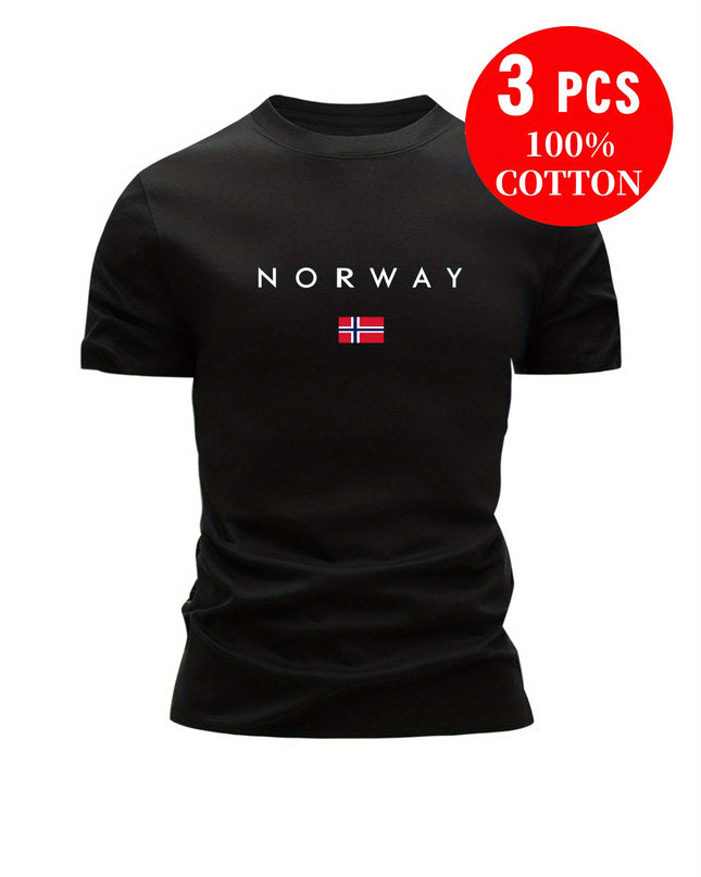3pcs Men'S 100% Cotton Slim Fit T-Shirts - Breathable Sweat Absorbent Summer Casual Tees with "NORWAY" Graphic Print, Round Neck Short Sleeve for Outdoor & Casual Attire, Comfortable Clothing, Simple Solid Color Design, Breat - SeviSa