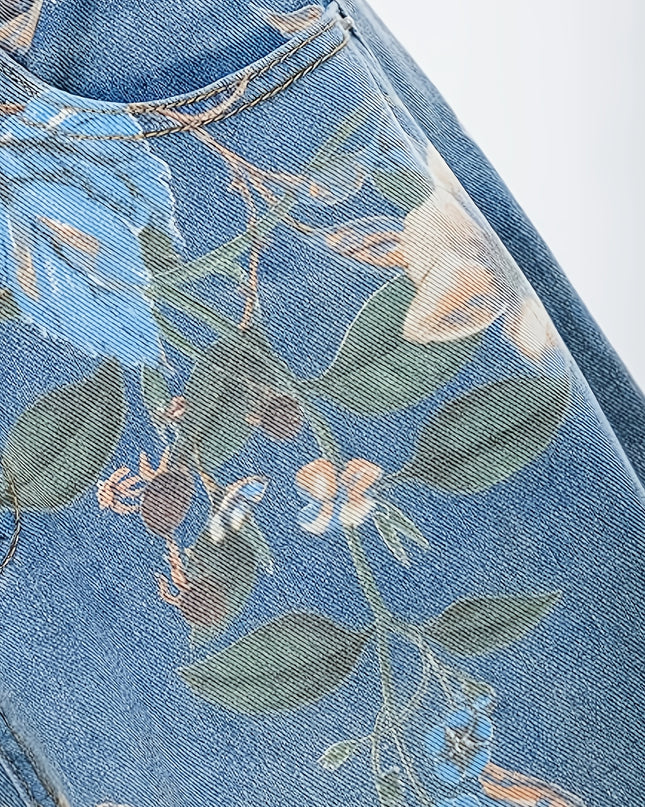 [Allseason Versatility] Women's High-Waisted Floral Print Loose-Fit Wide Leg Jeans - Light Blue Denim with Elastic Waistband, Street Style Fashion Pants for All Seasons - SeviSa