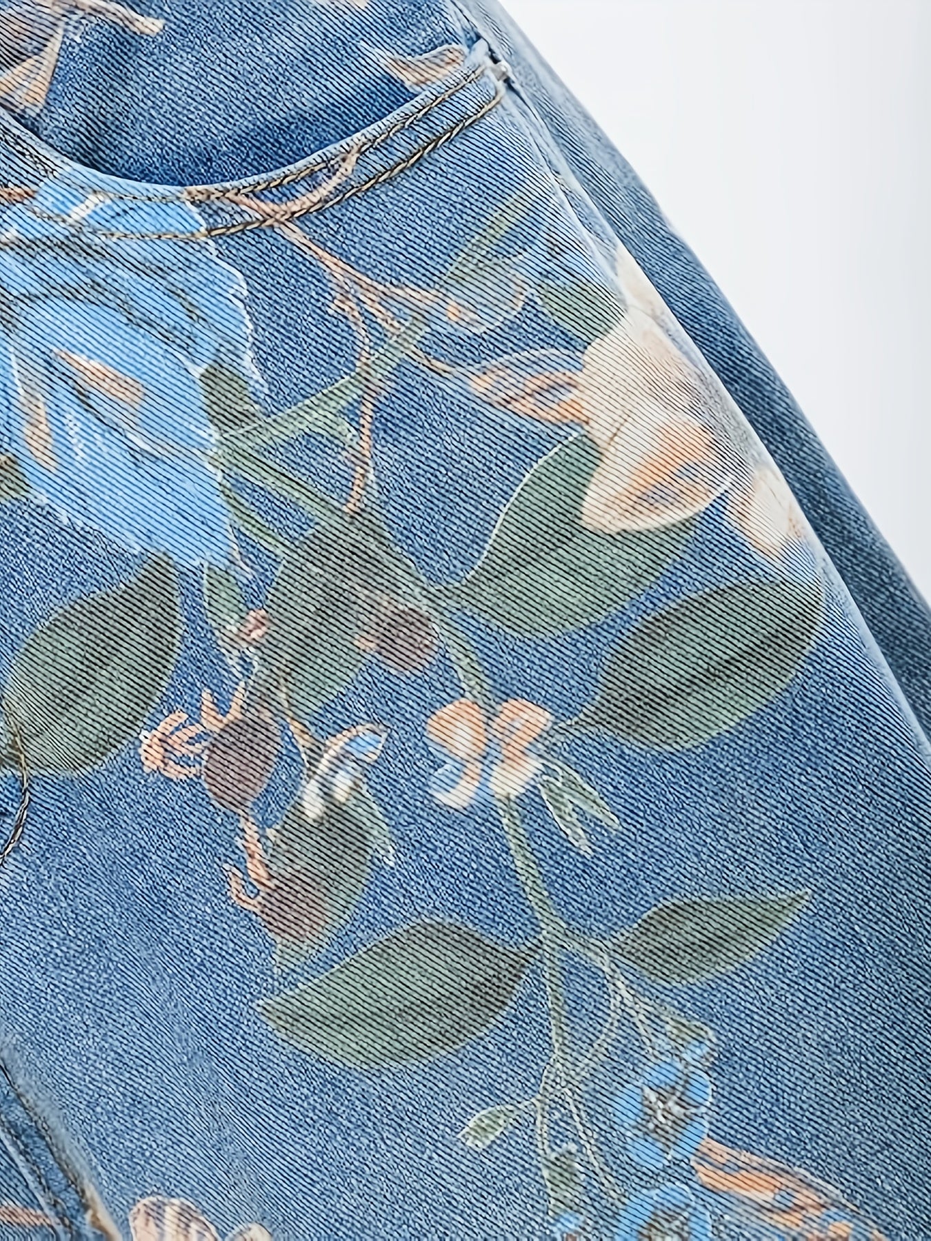 [Allseason Versatility] Women's High-Waisted Floral Print Loose-Fit Wide Leg Jeans - Light Blue Denim with Elastic Waistband, Street Style Fashion Pants for All Seasons - SeviSa