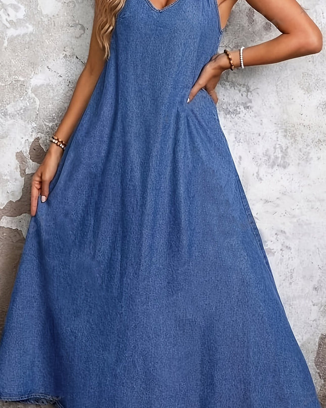 Women'S Elegant V-Neck Long Dress - Light Blue Faux Denim-Look Fabric, Flowy A-Line Silhouette, Perfect for Spring/Summer, Casual to Semi-Formal Wear, Casual Summer Dress | Vneck Dress | Texture - SeviSa