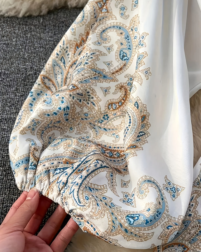 Elegant Floral Print V-Neck Midi Dress with Belt - Long Sleeve, A-Line Silhouette, Spring/Summer Fashion for Women, White with Blue and Beige Floral Patterns, Elegant Attire | Belted Dress | Lantern Sleeves, Floral Print Dres - SeviSa