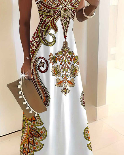 Elegant Women'S Sleeveless Cami Maxi Dress with Vibrant Paisley & Floral Print - Loose Fit, Crew Neck, Summer Casual Wear, Polyester, White with Colorful Pattern