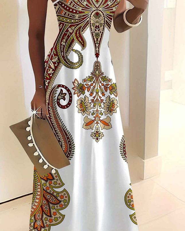Elegant Women'S Sleeveless Cami Maxi Dress with Vibrant Paisley & Floral Print - Loose Fit, Crew Neck, Summer Casual Wear, Polyester, White with Colorful Pattern