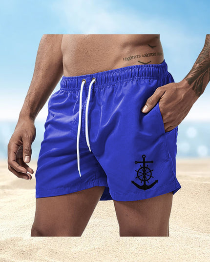 Men's Quick-Dry Swim Shorts - Navy Blue Board Shorts with Anchor design, Elastic Drawstring Waist - Lightweight Beach Swim Trunks for Surfing, Swimming, Gym, Vacation - Fast-Drying Quick Suit for Ocean & Pool Activities, Swim - SeviSa