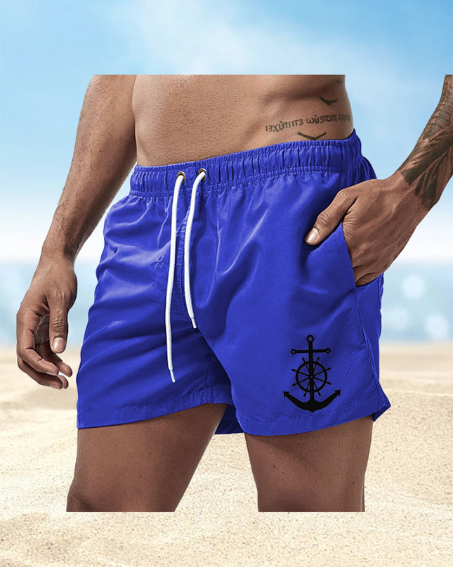 Men's Quick-Dry Swim Shorts - Navy Blue Board Shorts with Anchor design, Elastic Drawstring Waist - Lightweight Beach Swim Trunks for Surfing, Swimming, Gym, Vacation - Fast-Drying Quick Suit for Ocean & Pool Activities, Swim - SeviSa