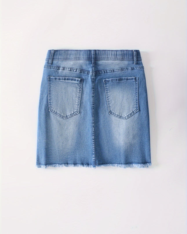 Women'S Bodycon Denim Short Skirt, Casual Ripped Distressed Design, Medium Stretch, Drawstring Waist, Solid Color, Woven Fabric, 320g/m² Lining Weight, for Spring/Summer/Fall - SeviSa