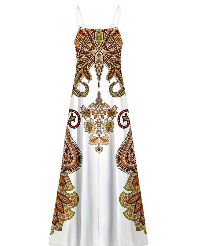 Elegant Women'S Sleeveless Cami Maxi Dress with Vibrant Paisley & Floral Print - Loose Fit, Crew Neck, Summer Casual Wear, Polyester, White with Colorful Pattern