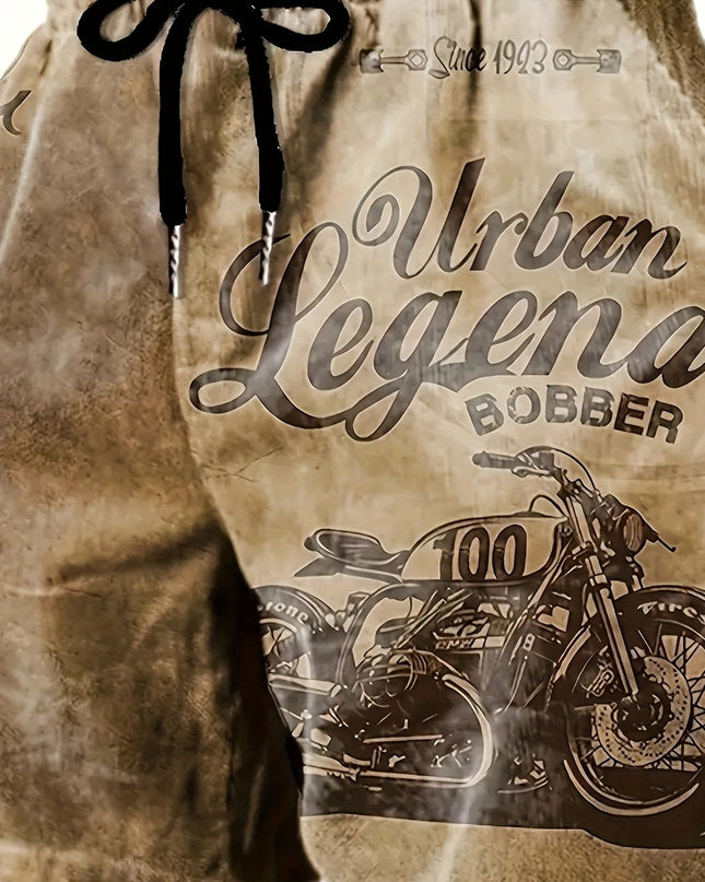 Men's Retro Motorcycle Print Shorts | Urban Legend Bobber | Vintage Biker Graphic | Polyester with Drawstring Waistband | Machine Washable | Casual Summer Wear, Motorcycle Apparel | Retro Bobber Design | Smooth Texture Fabric - SeviSa