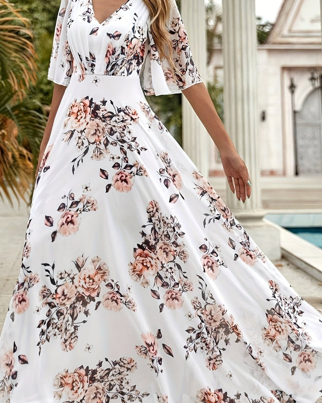 Women's Elegant V-Neck Floral Print Dress with Ruffled Short Sleeves - A-Line Long Maxi Dress, Machine Washable, Zipper Back, All-Season Versatile for Casual & Formal Occasions, Cute Dresses, Flowy Fabric Gown, Lightweight Ma - SeviSa