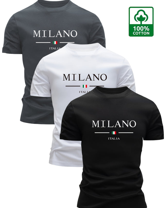 Set of 3 100% Cotton T-Shirts, Casual Letter Print Tees, Men'S Round Neck Tops, Perfect for Summer. - SeviSa
