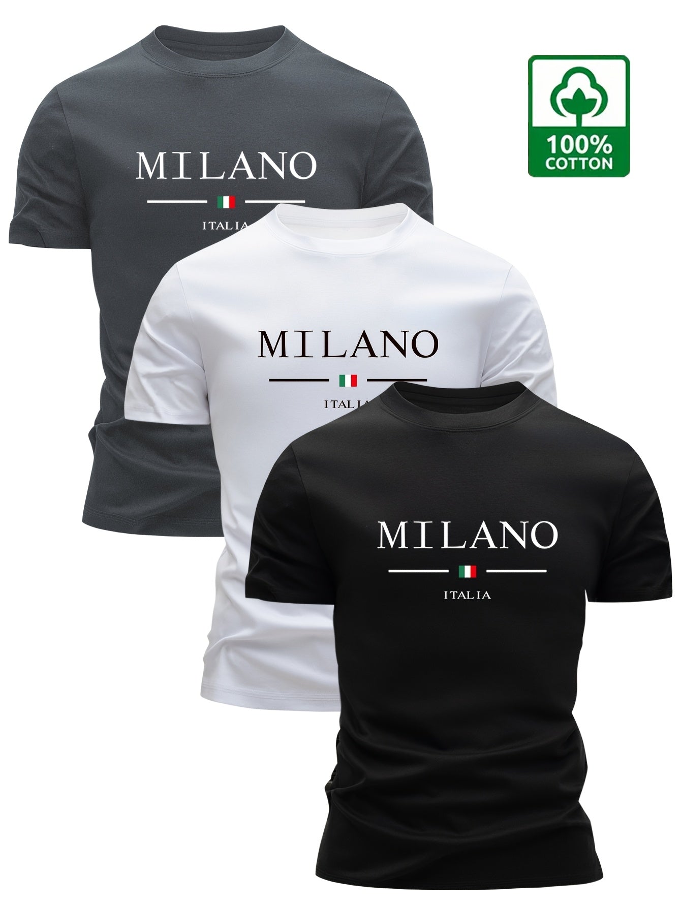 Set of 3 100% Cotton T-Shirts, Casual Letter Print Tees, Men'S Round Neck Tops, Perfect for Summer. - SeviSa