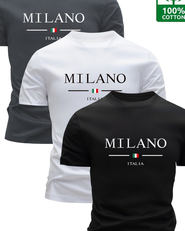 Set of 3 100% Cotton T-Shirts, Casual Letter Print Tees, Men'S Round Neck Tops, Perfect for Summer. - SeviSa