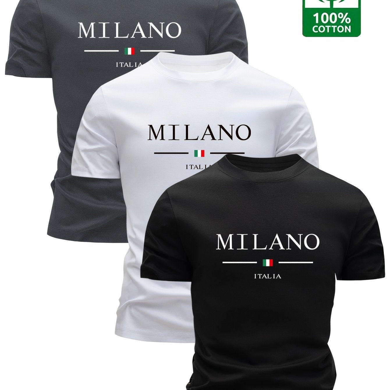 Set of 3 100% Cotton T-Shirts, Casual Letter Print Tees, Men'S Round Neck Tops, Perfect for Summer. - SeviSa