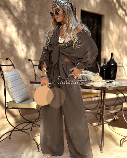 Women'S Elegant Button-Up Shirt and Wide-Leg Pants Set - Casual Chic, Solid Color, All-Season Versatile Outfit for Beach Vacations, Beach Attire|Chic Casual Attire|Polyester Blend