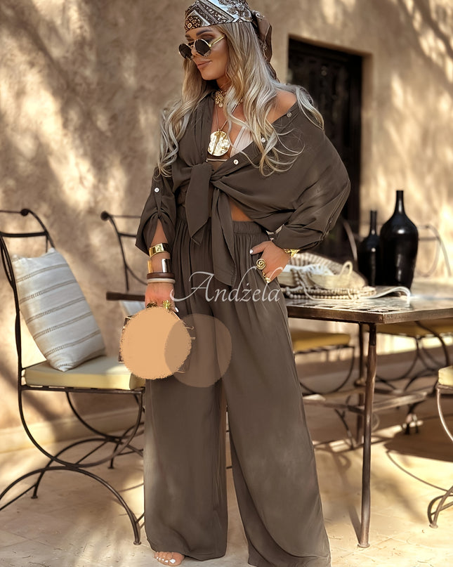 Women'S Elegant Button-Up Shirt and Wide-Leg Pants Set - Casual Chic, Solid Color, All-Season Versatile Outfit for Beach Vacations, Beach Attire|Chic Casual Attire|Polyester Blend