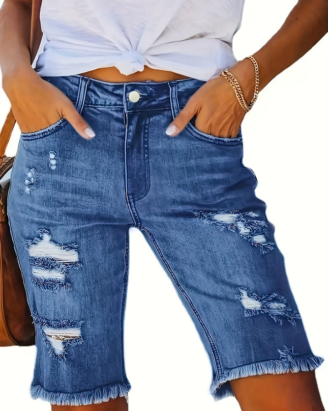 Women's 2025 Summer New Stretch Tummy Control Raw Hem Ripped Jean Shorts, Retro Light Blue Washed Slim Fit Mid-Length Fringe High Waist Denim Pants with Pockets, 90s Ladies' Clothing, Comfort Street Style Casual Pants Fit for - SeviSa