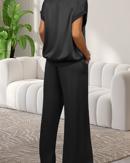 Women'S Elegant Lavender Polyester Pajama Set - Short Sleeve, Round Neck, Wide Leg Pants with Pockets, Perfect for Spring/Summer Home Wear, Relaxed Fit Pajamas|Elegant Pajama Set|Polyester Fabric
