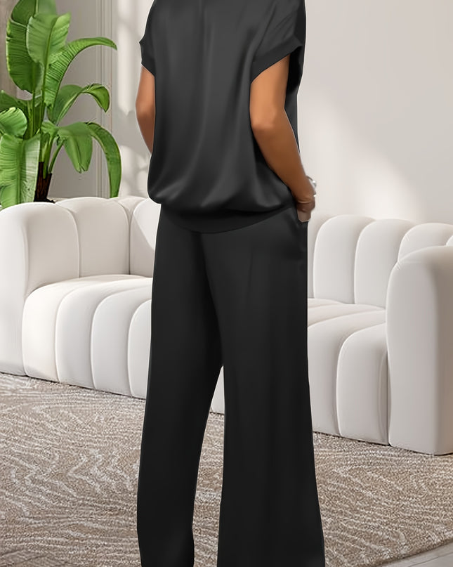 Women'S Elegant Lavender Polyester Pajama Set - Short Sleeve, Round Neck, Wide Leg Pants with Pockets, Perfect for Spring/Summer Home Wear, Relaxed Fit Pajamas|Elegant Pajama Set|Polyester Fabric